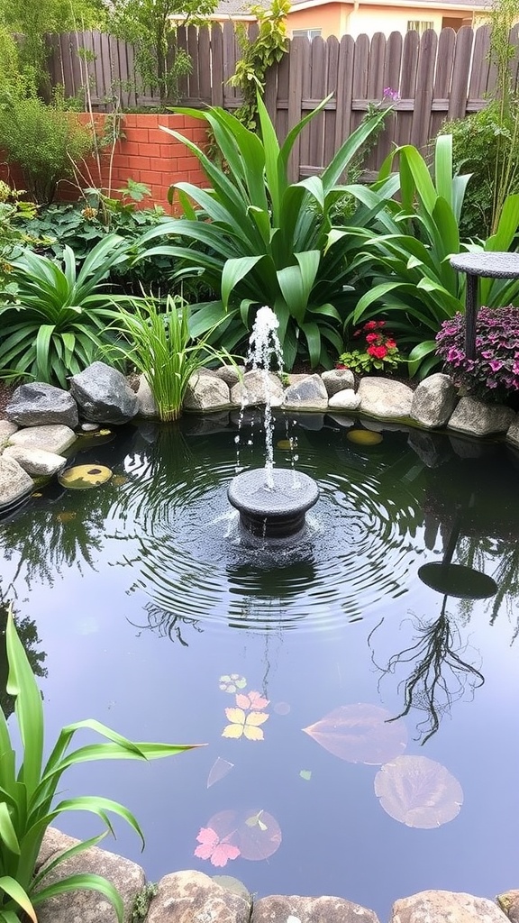 A peaceful backyard pond with a fountain surrounded by lush green plants and flowers.