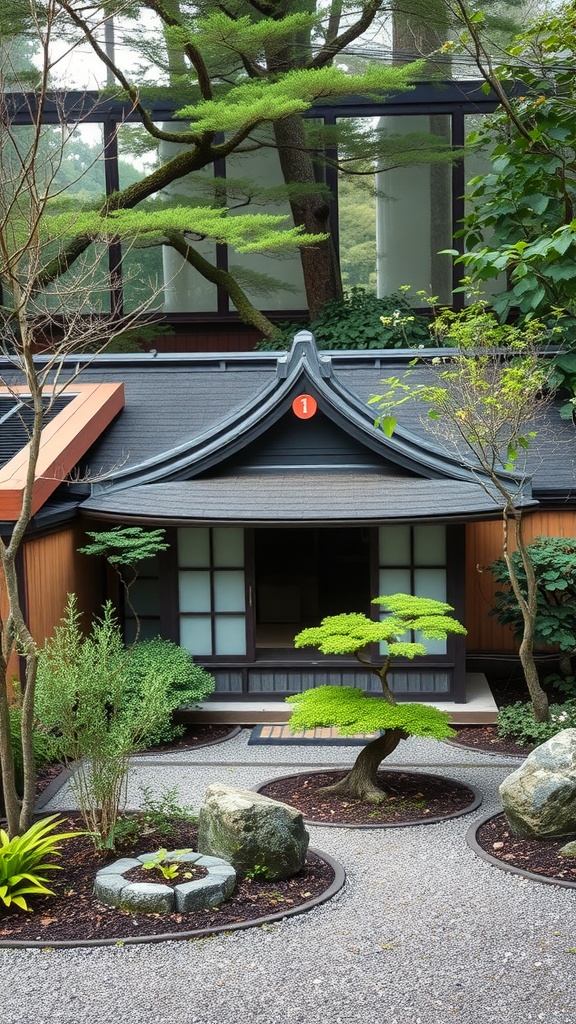 A serene Japanese courtyard garden featuring a small tea house and lush greenery.