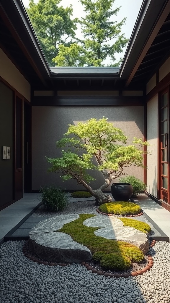 Japanese courtyard garden featuring stone paths, moss, and a small tree