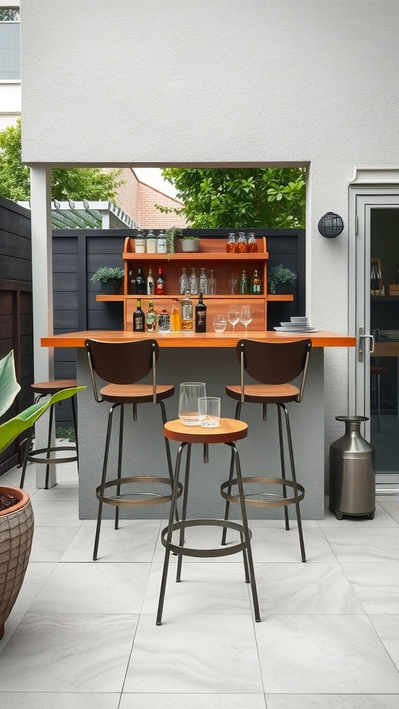 A modern backyard bar area featuring two high stools, a stylish counter with drinks and glassware, and a cozy atmosphere.