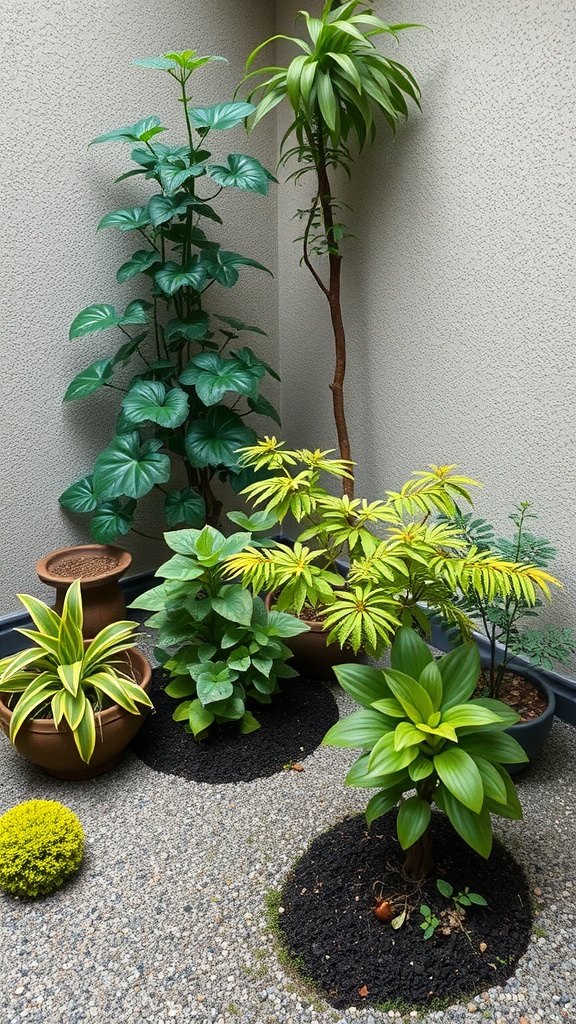 A small Japanese courtyard garden featuring various potted plants and greenery.