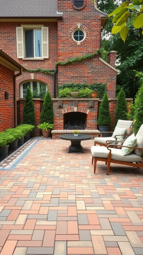 A classic brick patio with a cozy setup, featuring potted plants and comfortable chairs.