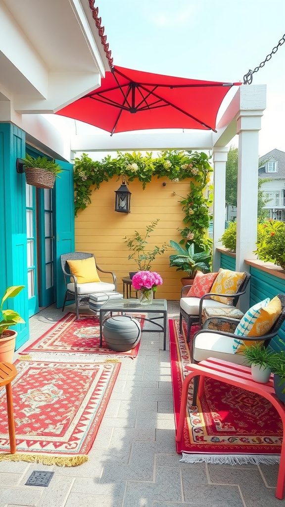 A vibrant patio featuring red and decorative rugs, comfortable seating, and bright decorations.