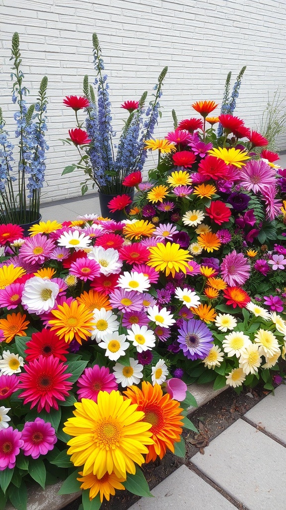 A colorful display of various flowers in a small garden setting.