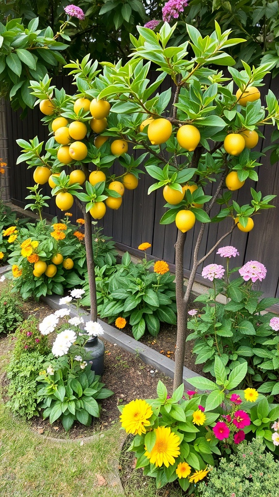 Compact fruit trees with yellow fruits surrounded by colorful flowers in a small garden.