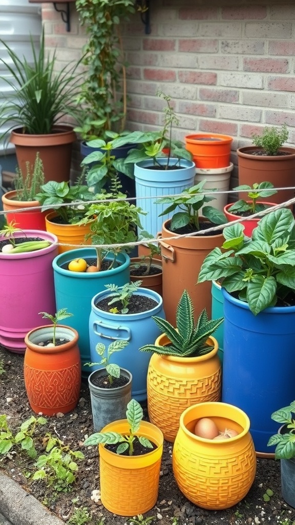 A vibrant display of various potted plants in colorful containers, showcasing a small garden area.