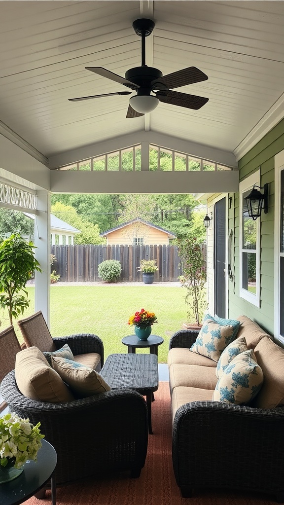 Cozy covered patio lounge with comfortable seating and a view of the backyard.