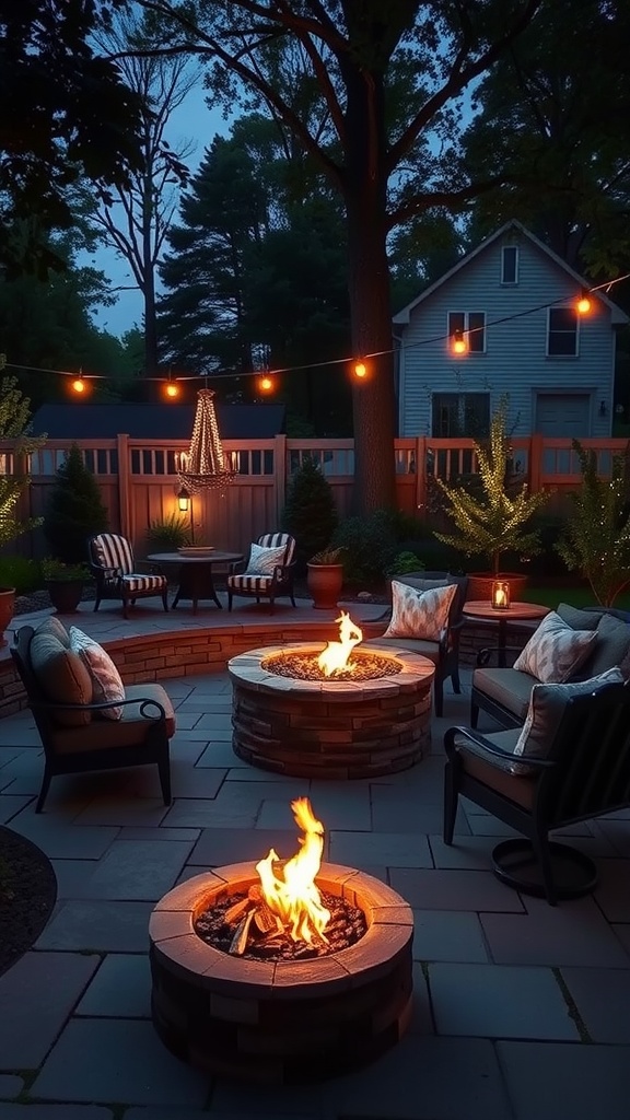 Cozy backyard fire pit area with chairs and string lights