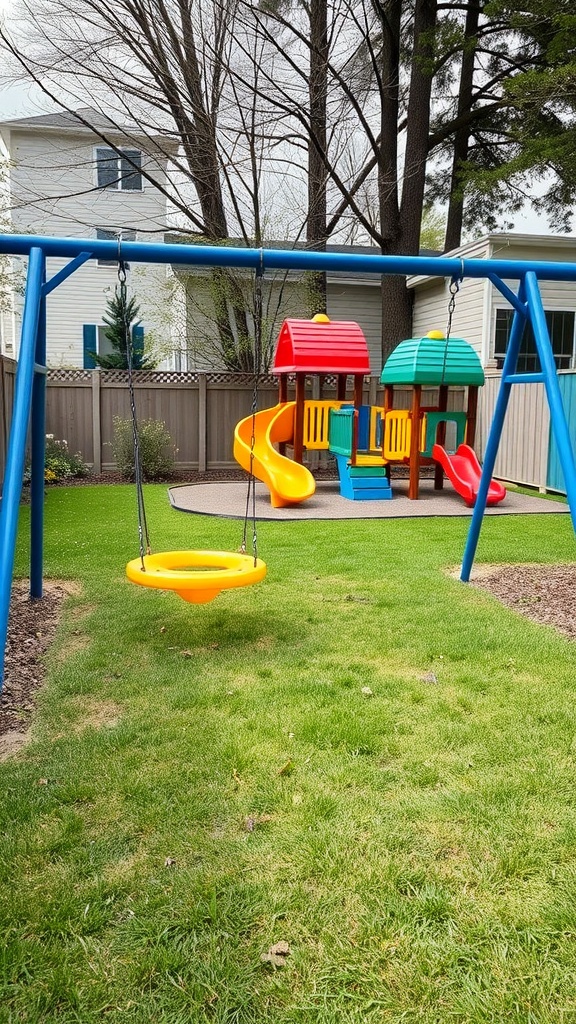 Colorful playground equipment including swings, a slide, and playhouse in a backyard