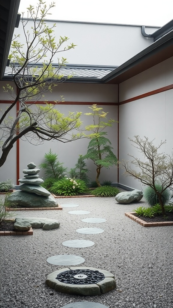 A serene Japanese courtyard garden featuring stones, plants, and a gravel pathway.