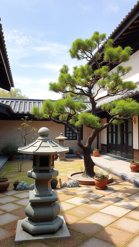 A Japanese courtyard garden featuring a stone lantern and a sculpted tree.