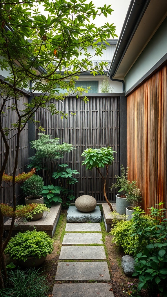 Japanese courtyard garden featuring greenery, stone path, and wooden screens for privacy.