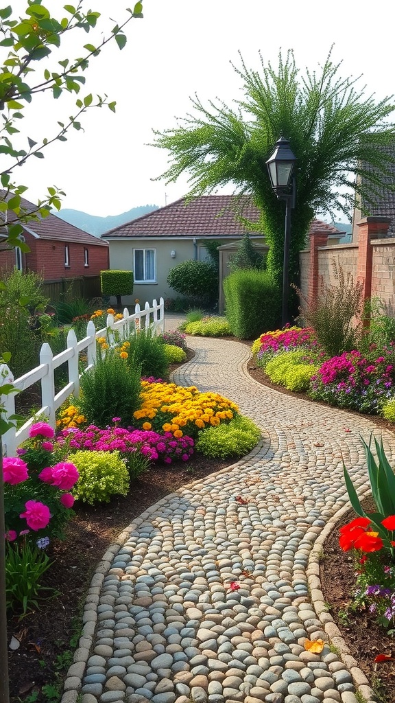 A winding pebble pathway surrounded by colorful flowers in a garden.