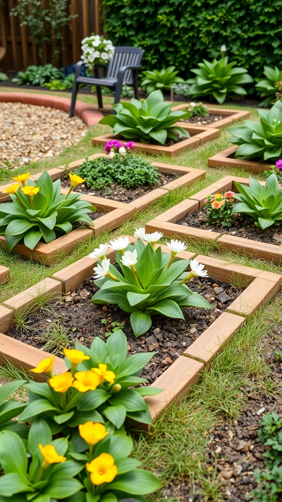 A small garden with neatly edged flower beds and colorful flowers.