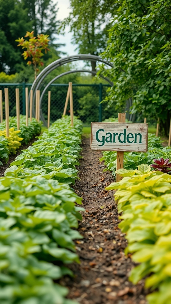 A well-organized vegetable garden with green plants and a wooden sign.