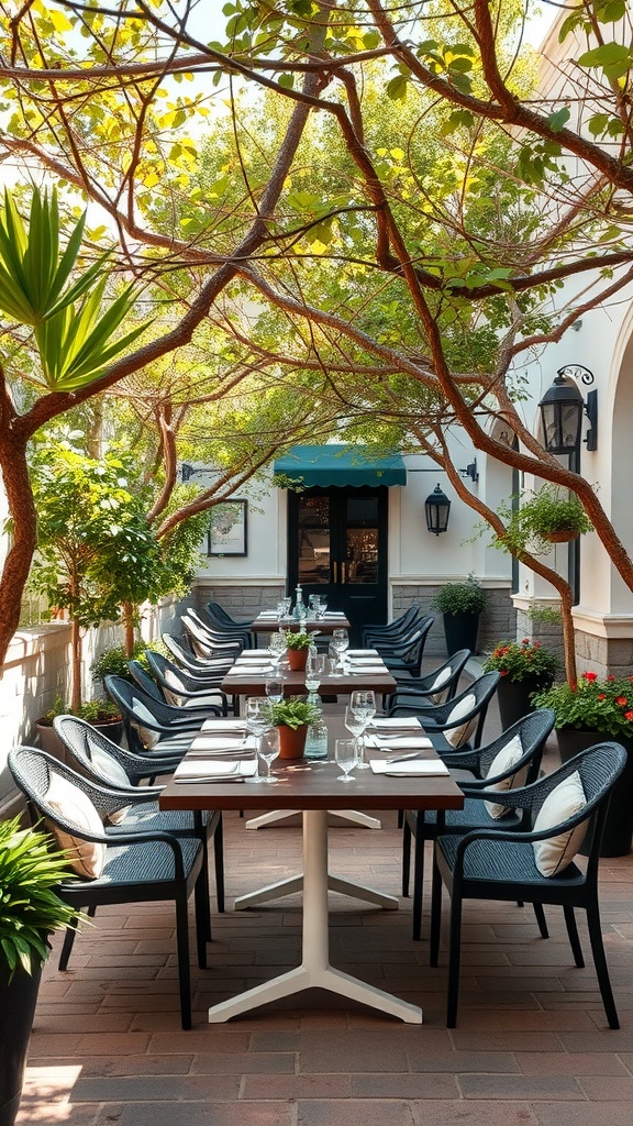 A beautiful outdoor dining area with a long table set under trees.