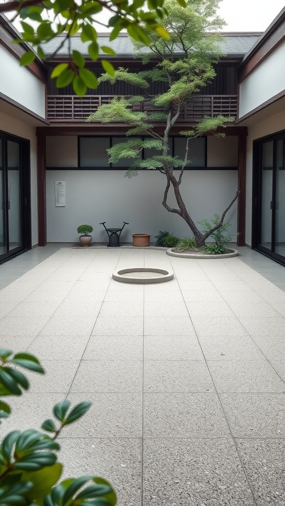 A minimalist Japanese courtyard garden featuring a small tree, stones, and clean lines.