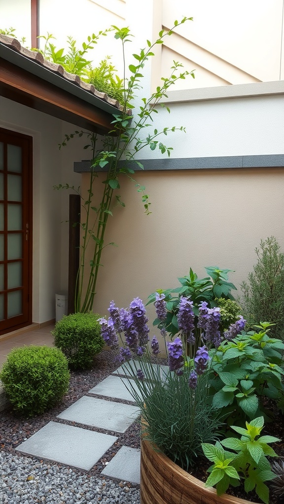 A serene Japanese courtyard garden featuring aromatic plants like lavender and mint.