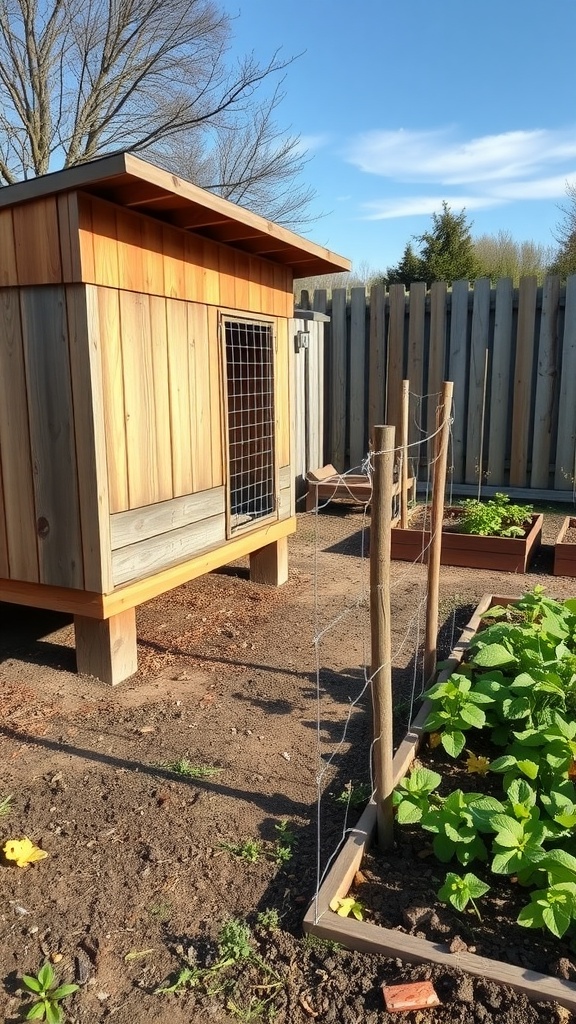 A well-structured chicken coop next to a garden with raised beds and a clear sky.