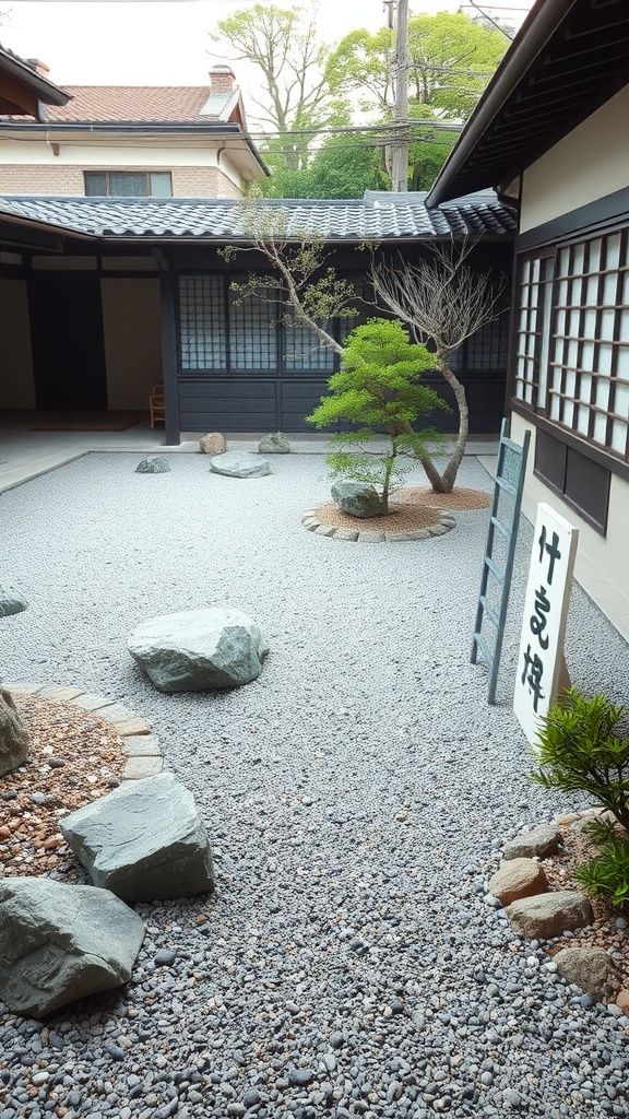 A serene Japanese courtyard garden featuring gravel, stones, and a small tree.