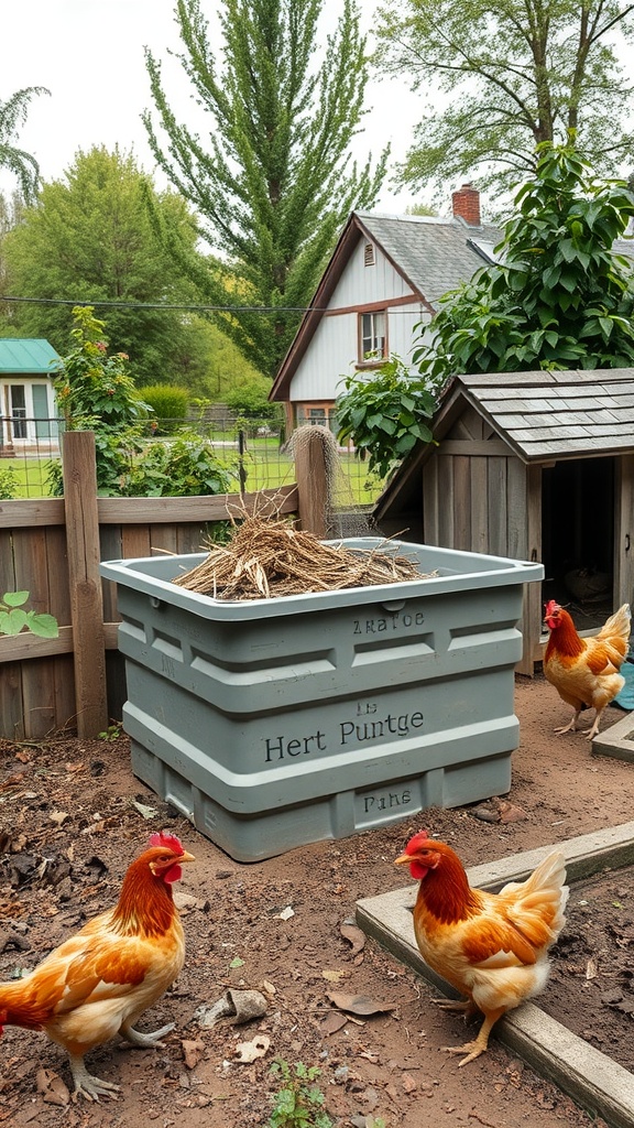 A compost bin surrounded by chickens in a garden setting.