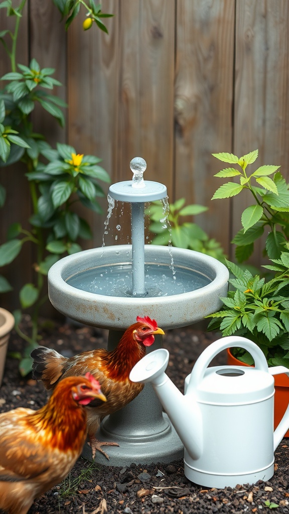 A garden scene with a small water fountain, two chickens, and a watering can surrounded by plants.