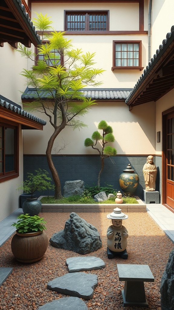 A serene Japanese courtyard garden with greenery, rocks, and decorative elements.
