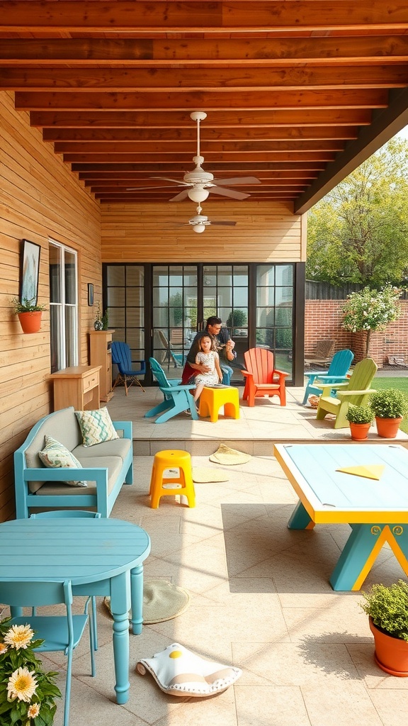 Colorful family-friendly patio with various seating options