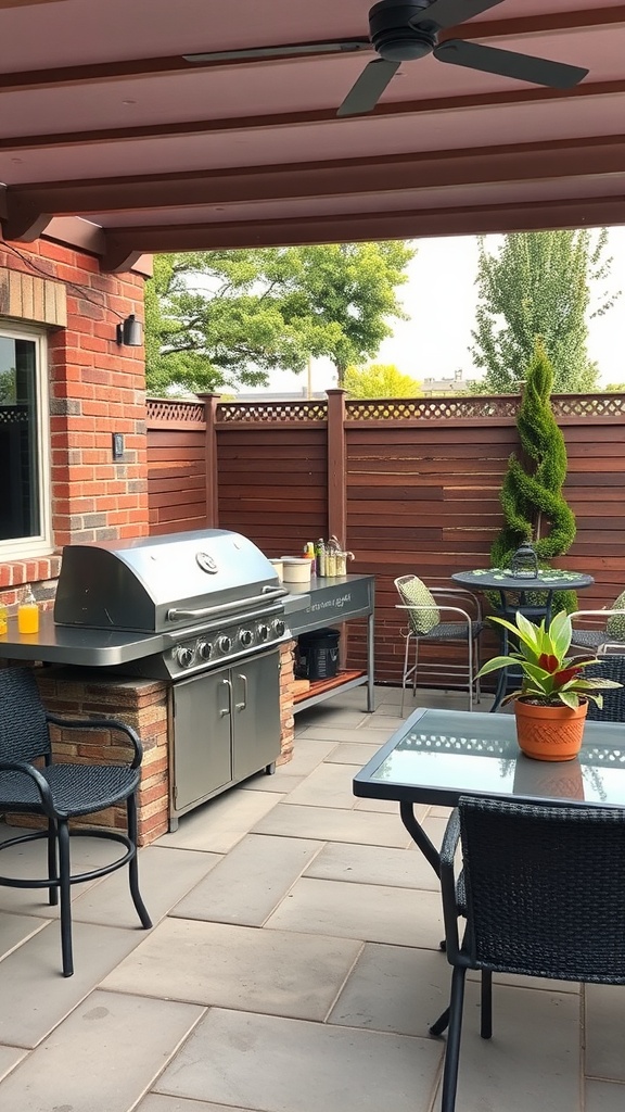 Backyard patio with a BBQ grill, chairs, and a dining table.