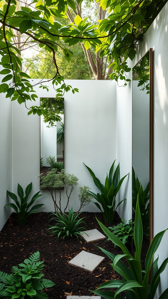 Small garden with mirrors reflecting plants and greenery