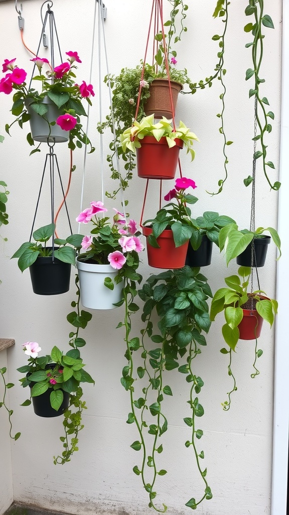 A collection of colorful hanging planters with various plants.
