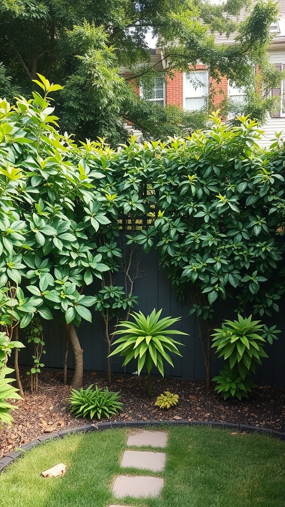 Lush greenery forming a privacy screen in a backyard with stone path and grass.