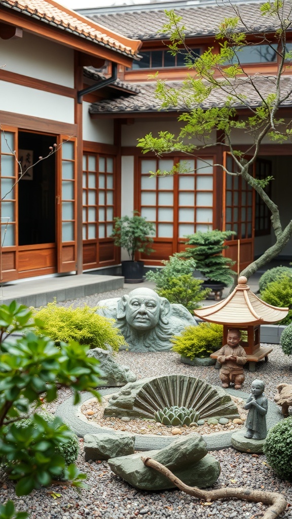 Japanese courtyard garden featuring statues and greenery.