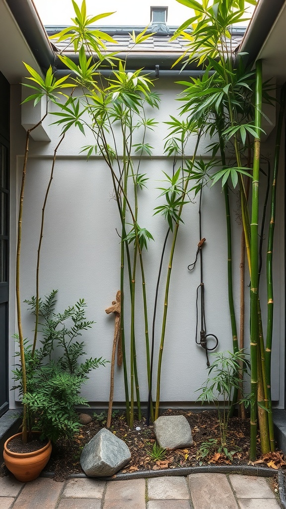 A serene Japanese courtyard garden featuring bamboo plants, stones, and a minimalist design.