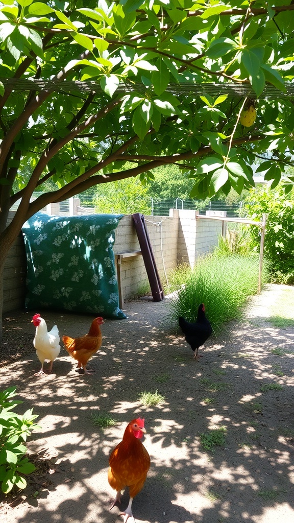 Chickens walking near a shaded area in a garden with greenery.