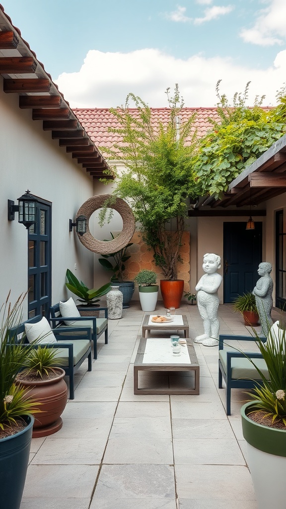 A cozy patio featuring decorative sculptures and potted plants.