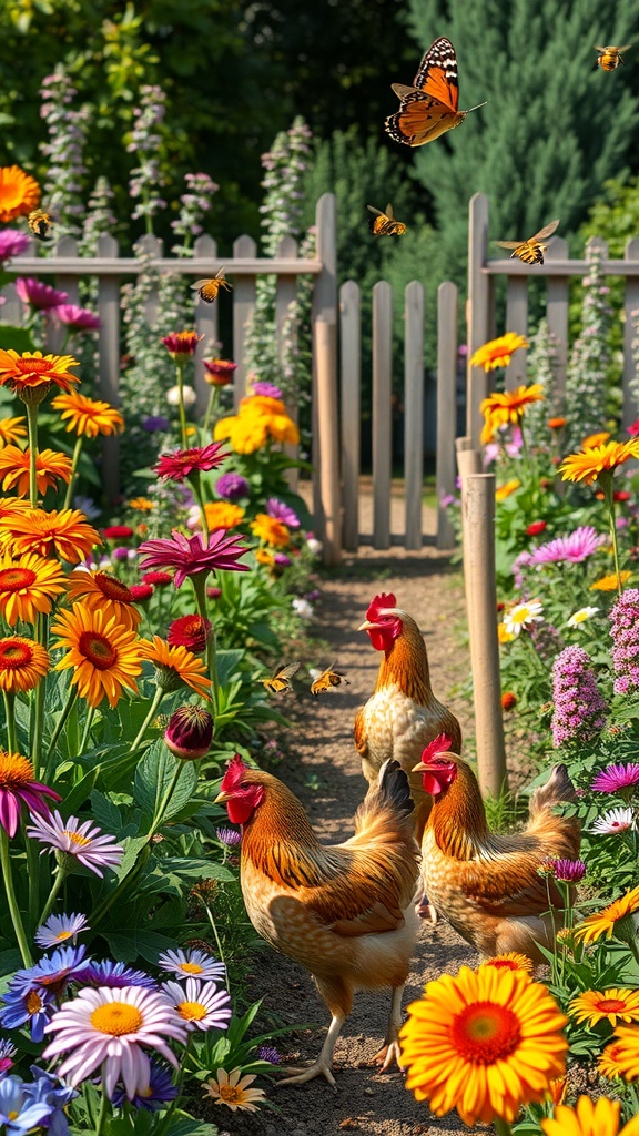 A vibrant garden with colorful flowers and chickens, showcasing a lively atmosphere with butterflies.