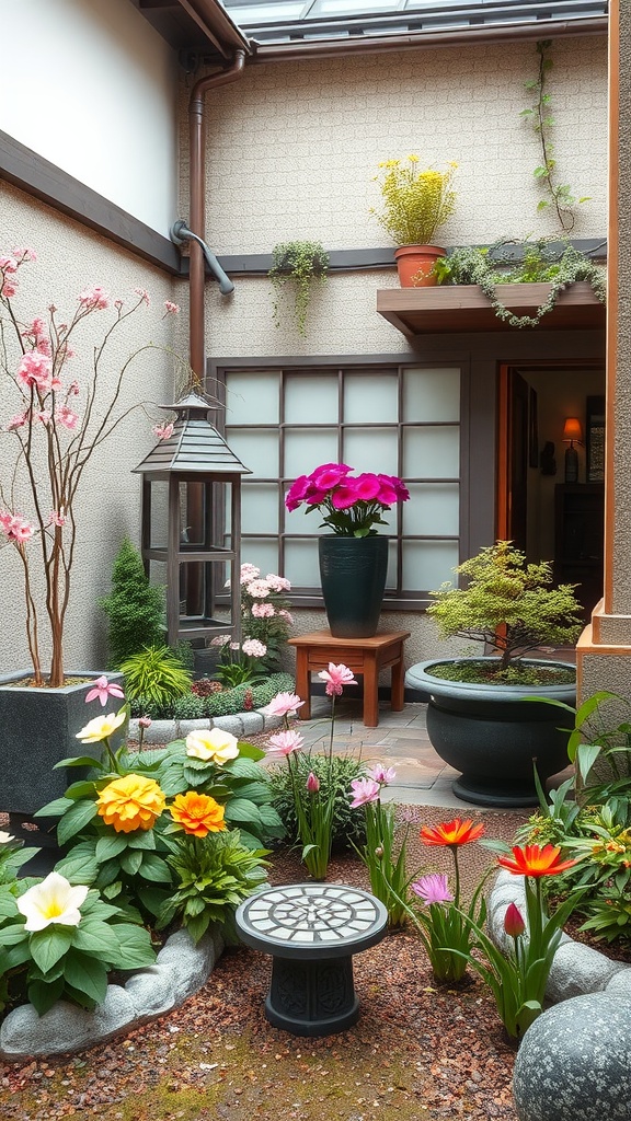 A beautiful Japanese courtyard garden featuring seasonal blooms and a peaceful atmosphere.