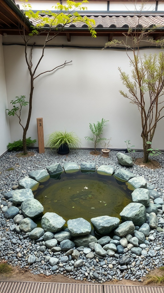A small Japanese courtyard garden featuring a round pond surrounded by rocks and pebbles.