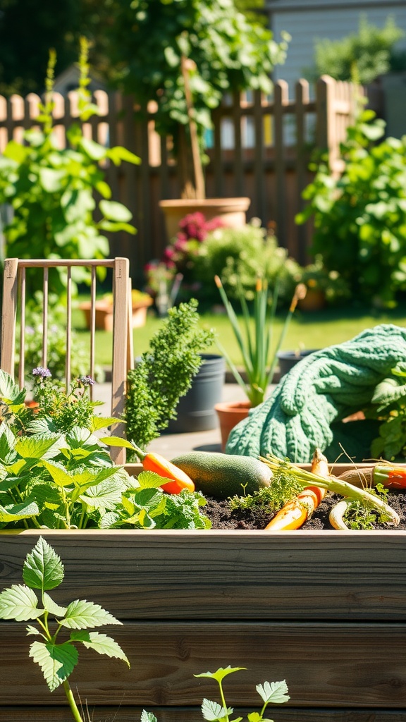 A sunny backyard with a raised garden bed filled with vegetables and herbs.