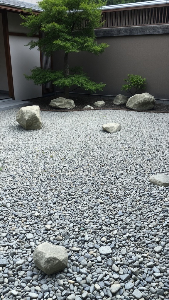 Japanese courtyard garden featuring rocks and gravel.