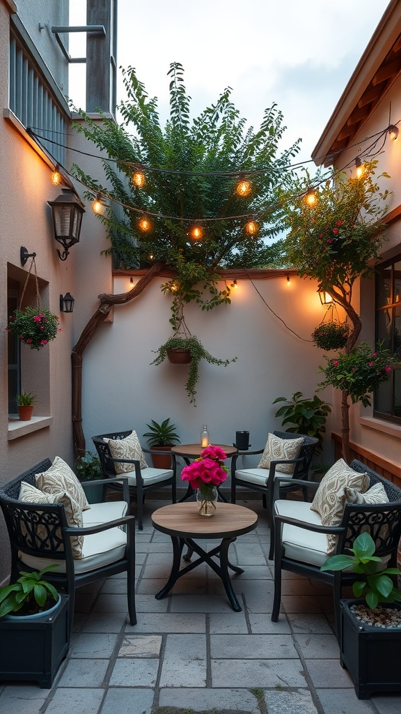 Cozy backyard patio with seating, a table, and warm lights.