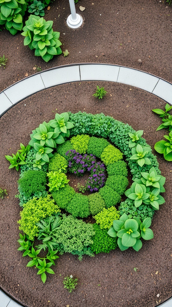 A beautifully arranged miniature herb spiral garden featuring various green herbs.