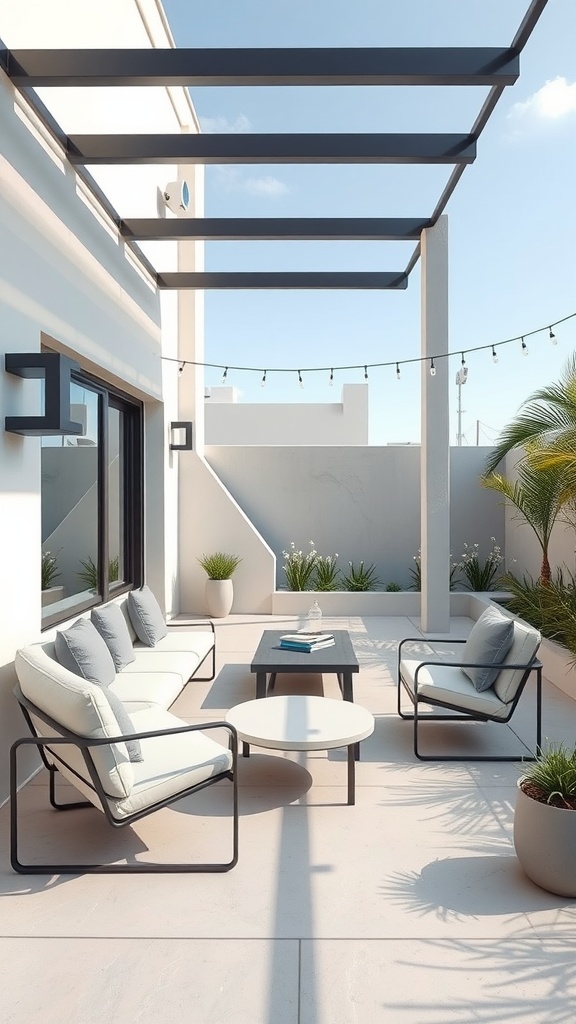 A modern minimalist backyard patio with stylish furniture and greenery.