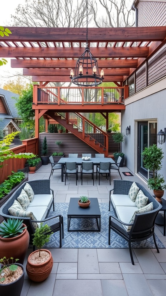 A stylish multi-level patio featuring a dining area and seating arrangement with greenery.