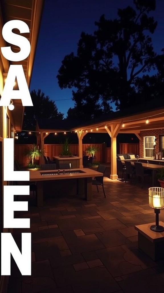 A beautifully lit backyard patio with string lights and lanterns.