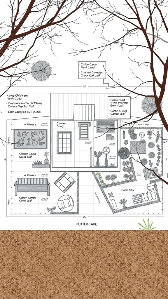 A layout of a chicken coop and garden plan