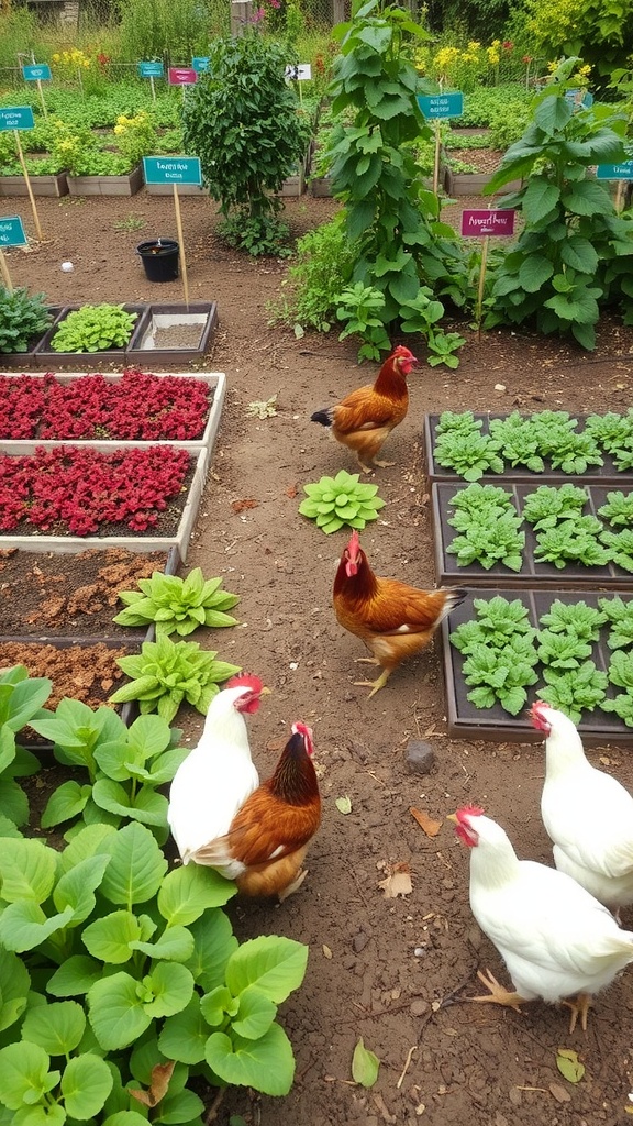 Chickens roaming in a colorful garden with various plants and signage.