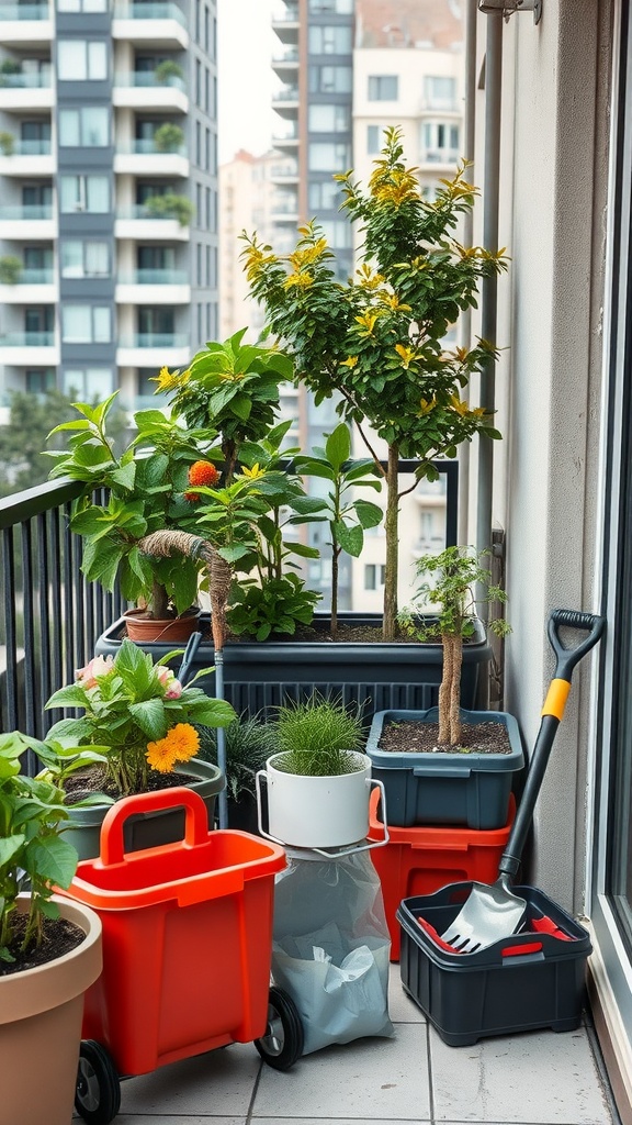 A small balcony garden with various plants and gardening tools in urban setting.
