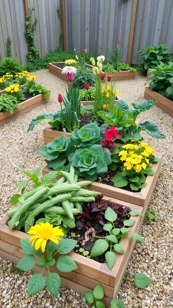 Colorful raised beds filled with vegetables and flowers in a small garden